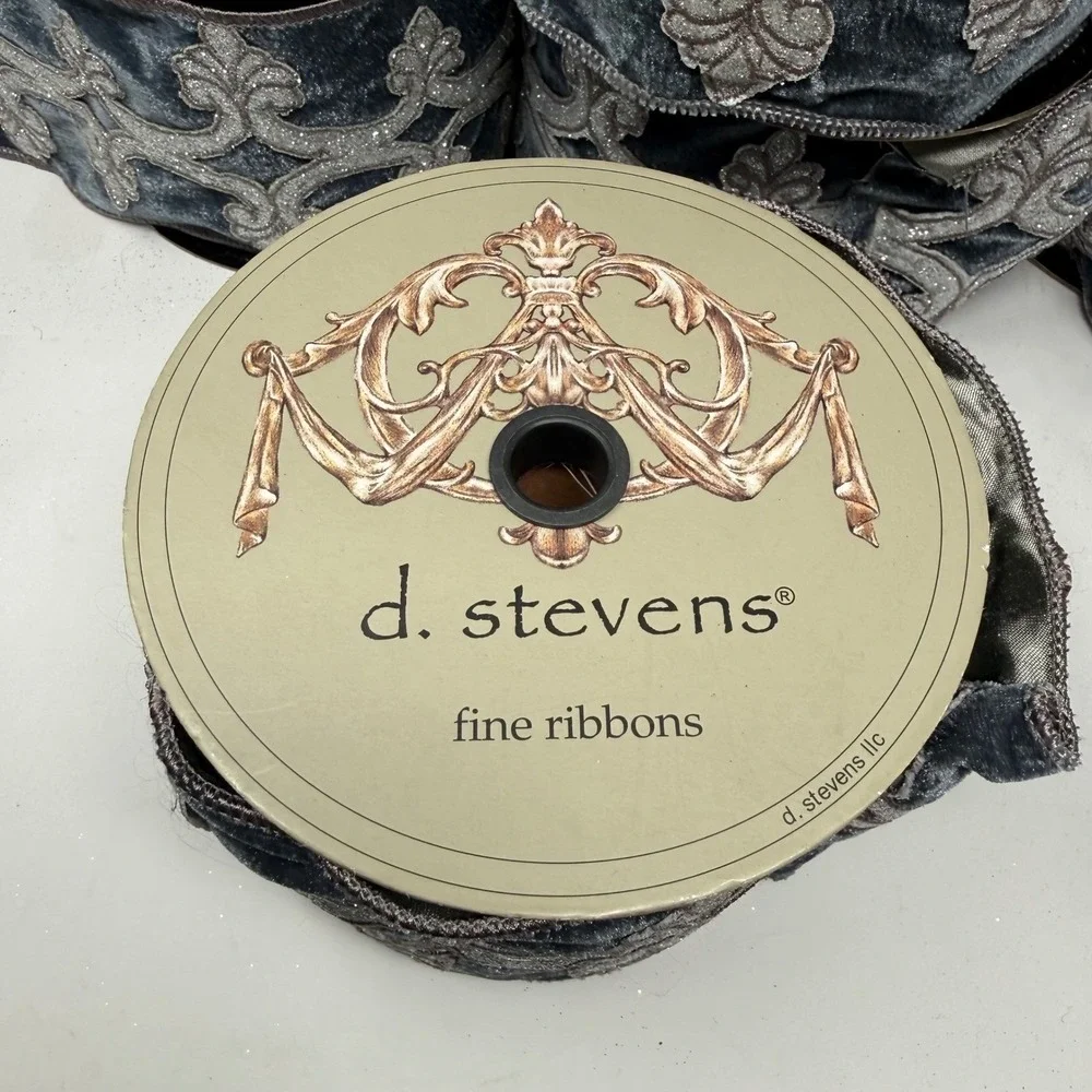 d. stevens French Blue Velvet Ribbon 4in x 5yd Silver Glitter Damask 4002025 Lot